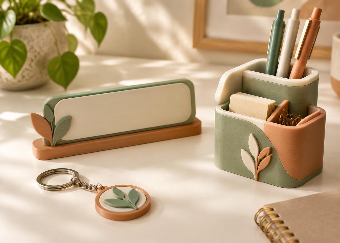 Personalised 3D printed keychain, nameplate and desk organiser in warm colours